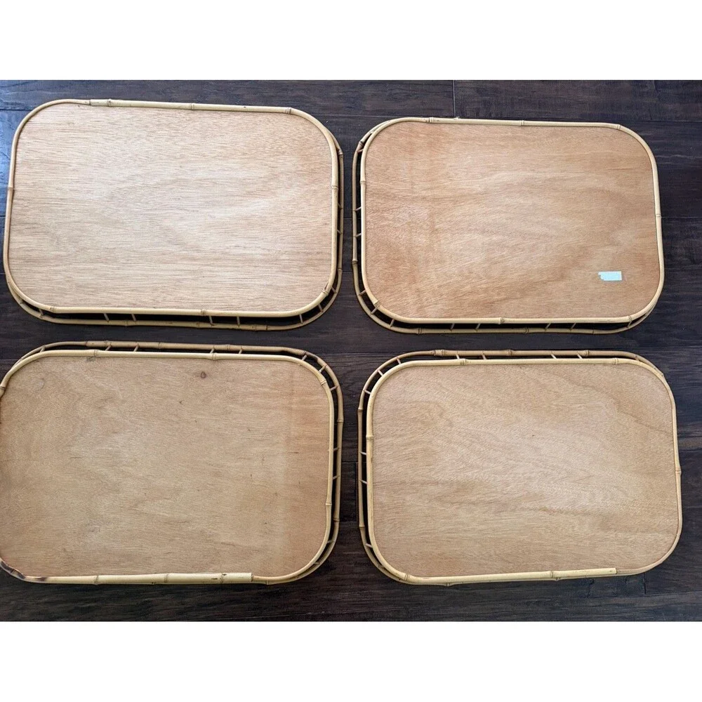 Vintage Bamboo Woven Rattan natural Wicker Set of 4 Lap Serving Trays 18x12